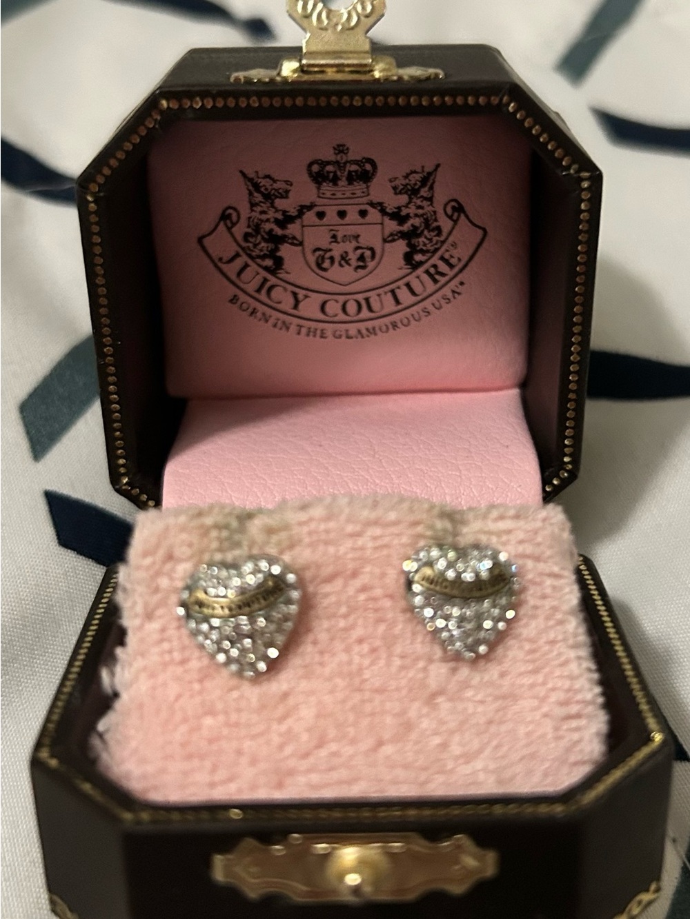 Juicy Couture Pink and Gold Crystal Heart Stud Earrings